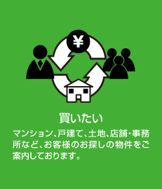 買いたい マンション、戸建て、土地、店舗・事務所など、お客様のお探しの物件をご案内しております。