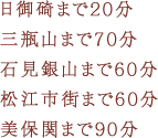 日御碕まで20分、三瓶山まで70分、石見銀山まで60分、松江市街まで60分、美保関まで90分